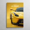 Tableau Ferrari LaFerrari – face avant de la Ferrari LaFerrari en jaune vif sur fond jaune studio, phare LED et aileron arrière visibles, illustration automobile