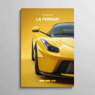 tableau ferrari laferrari Tableau Ferrari LaFerrari – face avant de la Ferrari LaFerrari en jaune vif sur fond jaune studio, phare LED et aileron arrière visibles, illustration automobile