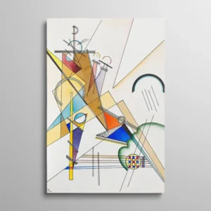 Tableau géométrique abstrait – reproduction de "Gewebe" de Wassily Kandinsky, 1923, composition de formes géométriques et lignes multicolores sur fond blanc aquarelle