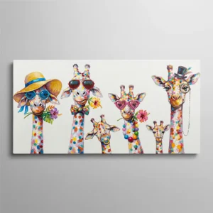 Tableau girafe à lunettes, famille de six girafes aux taches multicolores portant chacune un accessoire différent, lunettes de soleil, chapeau, nœud papillon, sucette, monocle, peinture humoristique sur fond blanc