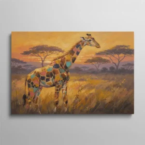 Tableau girafe coloré, girafe aux taches turquoise, rose et marine peinte à l'huile en impasto dans une savane au coucher de soleil, acacias en silhouettes violettes sur ciel orangé