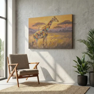 tableau girafe colore sur toile tendue Tableau girafe coloré