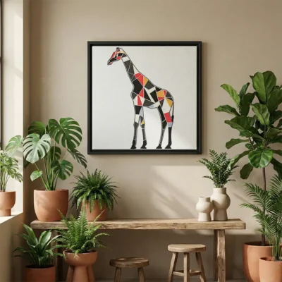 tableau girafe geometrique avec cadre flottant Tableau girafe géométrique
