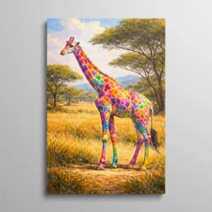 Tableau girafe multicolore, girafe aux taches arc-en-ciel rose, bleu, vert et orange peinte dans une savane africaine avec acacias et ciel nuageux, style peinture huile réaliste