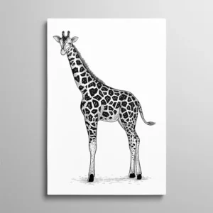 Tableau girafe noir et blanc, girafe entière dessinée à l’encre noire sur fond gris clair, illustration animalière verticale au style graphique et minimaliste