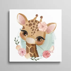 Tableau girafe pour enfant – illustration numérique d'une girafe kawaii entourée de fleurs roses sur fond blanc, style dessin enfant doux