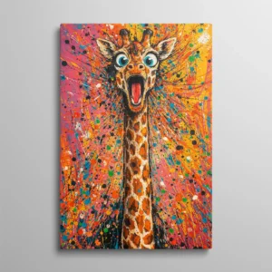 Tableau girafe rigolote, portrait de girafe au long cou bouche ouverte sur fond éclaboussé orange, rose et bleu turquoise, peinture pop expressive