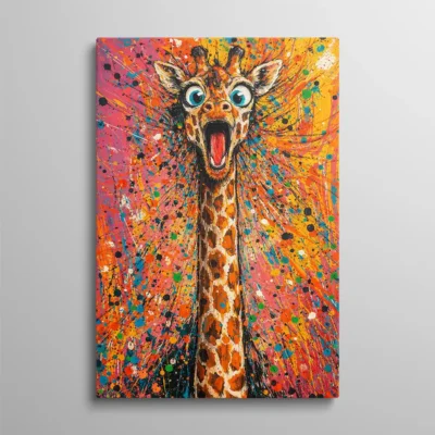 tableau girafe rigolote Tableau girafe rigolote, portrait de girafe au long cou bouche ouverte sur fond éclaboussé orange, rose et bleu turquoise, peinture pop expressive