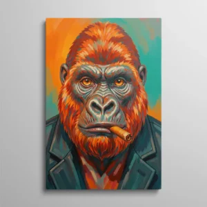 Tableau gorille qui fume un cigare en veste, portrait animalier expressionniste orange et turquoise