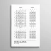 Tableau hiragana – poster éducatif complet de l'alphabet hiragana avec transcription phonétique en français, typographie japonaise sur fond blanc, style affiche minimaliste