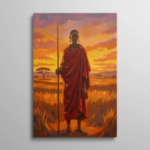 Tableau Kenya – guerrier Maasaï en shuka rouge tenant une lance, savane africaine dorée au coucher du soleil, style peinture à l'huile expressionniste