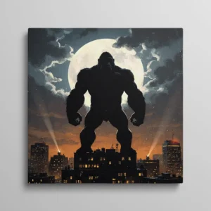 Tableau King Kong, silhouette géante de gorille debout sur des toits de nuit face à une pleine lune, skyline illuminée et faisceaux de projecteurs, style affiche de film vintage