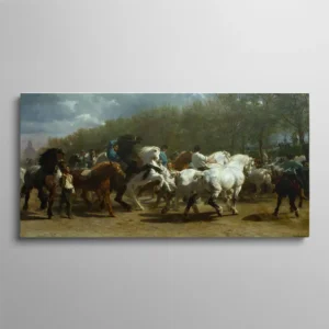 tableau la foire aux chevaux Tableau la foire aux chevaux – reproduction du "Marché aux Chevaux" de Rosa Bonheur, 1855, scène de foire avec chevaux cabrés et maquignons sur fond d'arbres et ciel orageux, huile sur toile