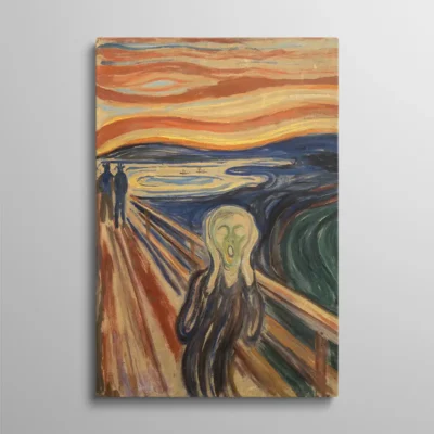tableau le cri de munch Tableau le cri de Munch – reproduction du "Skrik" d'Edvard Munch, 1910, figure angoissée sur un pont avec ciel tourbillonnant orange et bleu