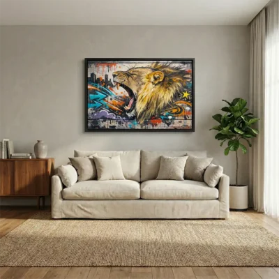 tableau lion street art avec cadre flottant Tableau lion street art