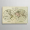 Tableau mappemonde ancien M. Brion, double hémisphère avec routes des trois voyages de Cook tracées en turquoise, cartographie XVIIIe siècle sur parchemin vieilli