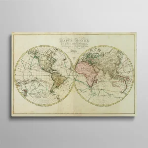 Tableau mappemonde ancien M. Brion, double hémisphère avec routes des trois voyages de Cook tracées en turquoise, cartographie XVIIIe siècle sur parchemin vieilli