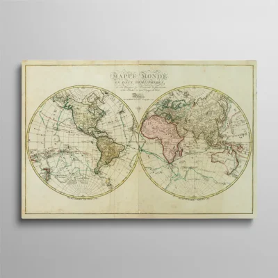 tableau mappemonde ancien Tableau mappemonde ancien M. Brion, double hémisphère avec routes des trois voyages de Cook tracées en turquoise, cartographie XVIIIe siècle sur parchemin vieilli