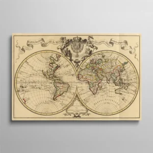 Tableau mappemonde vintage Guillaume Delisle, double hémisphère XVIIIe siècle avec frontières colorées et armoiries royales françaises, cartographie historique Amsterdam