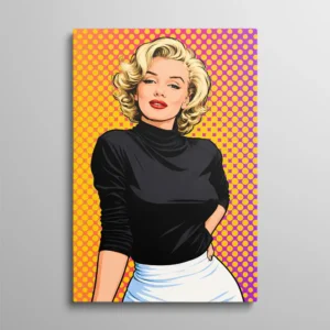 Tableau Marilyn Monroe pop art – portrait vectoriel de Marilyn Monroe sur fond halftone orange et violet, style illustration pop art contemporain