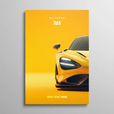 tableau mclaren 765 Tableau McLaren 765, face avant de la McLaren 765LT en jaune vif décalée à droite sur fond jaune studio, phare LED barre horizontale, illustration 3D automobile