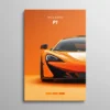 Tableau McLaren P1 – face avant de la McLaren P1 en orange papaye sur fond dégradé orange vers crème, rétroviseur carbone noir et phare LED fin