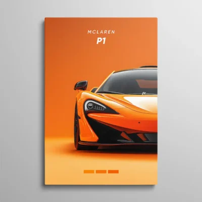 tableau mclaren p1 Tableau McLaren P1 – face avant de la McLaren P1 en orange papaye sur fond dégradé orange vers crème, rétroviseur carbone noir et phare LED fin