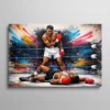 Tableau Mohamed Ali street art – Mohamed Ali debout au-dessus de Sonny Liston KO sur fond graffiti multicolore explosif, style muralisme hyperréaliste
