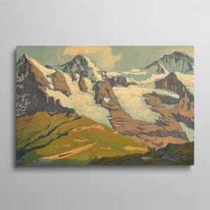 Tableau montagne Suisse – reproduction de l'affiche "Jungfraubahn Schweiz" de E.E. Schlatter, 1911, panorama des Alpes bernoises avec train rouge en vallée, lithographie couleur
