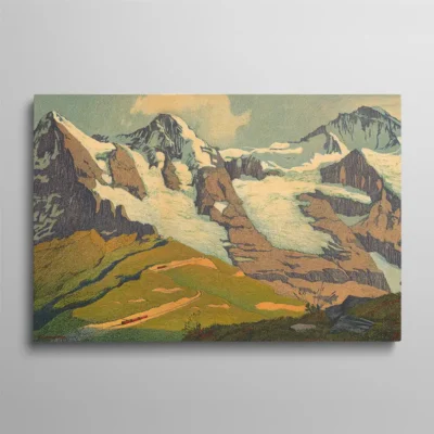 tableau montagne suisse Tableau montagne Suisse – reproduction de l'affiche "Jungfraubahn Schweiz" de E.E. Schlatter, 1911, panorama des Alpes bernoises avec train rouge en vallée, lithographie couleur