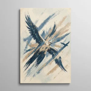 Tableau oiseau abstrait – aigle en vol rendu en technique mixte, coups de pinceau expressionnistes bleu marine et beige sur fond crème texturé, style peinture abstraite figurative
