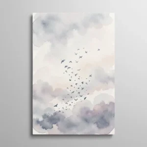 Tableau oiseau aquarelle, nuée d'oiseaux en vol dans des nuages aux tons lavande et rose poudré