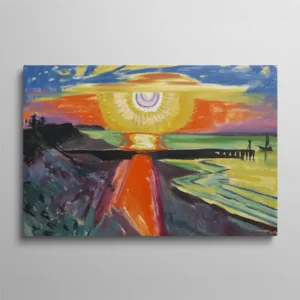 Tableau paysage abstrait – reproduction de "Sonnenuntergang an der See" de Max Pechstein, 1921, coucher de soleil expressionniste sur la mer avec reflet orange et bateau silhouette, huile sur toile