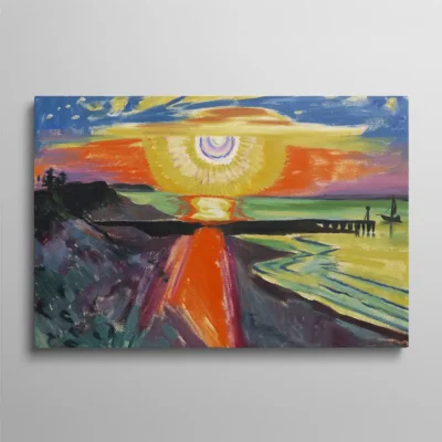 tableau paysage abstrait Tableau paysage abstrait – reproduction de "Sonnenuntergang an der See" de Max Pechstein, 1921, coucher de soleil expressionniste sur la mer avec reflet orange et bateau silhouette, huile sur toile