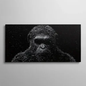 Tableau planète des singes, portrait construit entièrement de particules blanches et d'éclats lumineux sur fond noir absolu, rendu numérique cinématographique très sombre