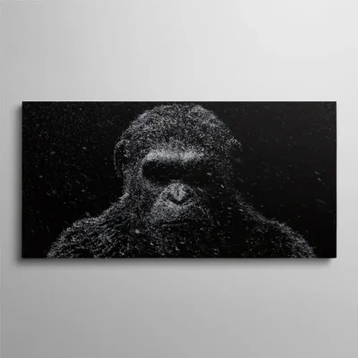 tableau planete des singes Tableau planète des singes, portrait construit entièrement de particules blanches et d'éclats lumineux sur fond noir absolu, rendu numérique cinématographique très sombre