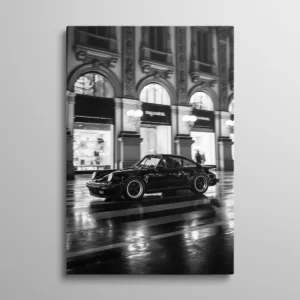tableau porsche noir et blanc Tableau Porsche noir et blanc – Porsche 911 Turbo noire en panning sous la Galleria Vittorio Emanuele II à Milan, photographie noir et blanc avec flou de mouvement