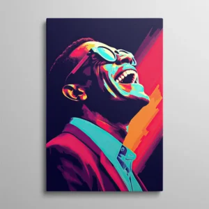Tableau Ray Charles pop art – portrait de Ray Charles riant tête levée, aplats géométriques teal, rouge et violet foncé, style WPAP illustration vectorielle