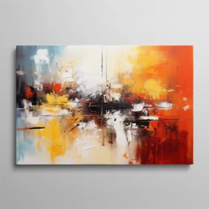 Tableau rouge orange et jaune – peinture abstraite expressionniste aux coups de spatule rouges, oranges et jaunes avec zones grises et blanches, technique mixte sur toile