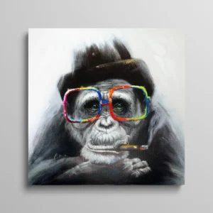 Tableau singe à lunettes, portrait de chimpanzé en gris avec chapeau noir, grandes lunettes multicolores peintes et cigare