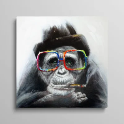 tableau singe a lunettes Tableau singe à lunettes, portrait de chimpanzé en gris avec chapeau noir, grandes lunettes multicolores peintes et cigare