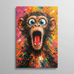 Tableau singe drôle, chimpanzé bouche grande ouverte avec grands yeux bleus exorbités sur fond explosé orange rose et noir avec projections de peinture multicolores, style pop gestuel