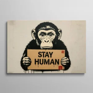 Tableau singe graffiti, chimpanzé tenant une pancarte en carton "Stay Human" peint au pochoir sur mur beige craquelé, style street art avec coulures noires et tampons rouges