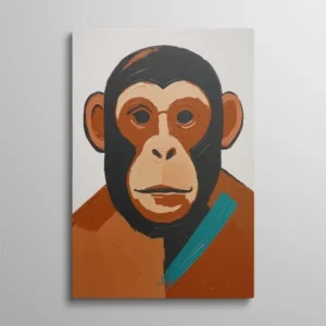 Tableau singe minimaliste, portrait de chimpanzé peint en grandes zones terracotta et noir sur fond gris clair, avec un coup de pinceau turquoise diagonal sur l'épaule, style peinture bold et épurée