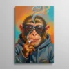Tableau singe qui fume, portrait de chimpanzé en sweat à capuche bleu portant des lunettes noires et tenant une cigarette, fumée multicolore sur fond orange et turquoise, style peinture pop coloré