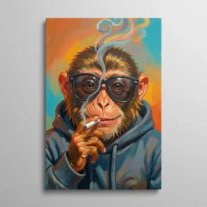 Tableau singe qui fume, portrait de chimpanzé en sweat à capuche bleu portant des lunettes noires et tenant une cigarette, fumée multicolore sur fond orange et turquoise, style peinture pop coloré