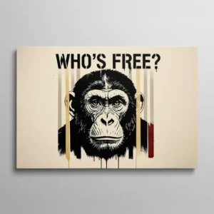 Tableau singe street art, portrait de chimpanzé derrière des barreaux peints en or et gris avec la question "Who's Free?" en pochoir noir sur fond beige clair, style graffiti urbain