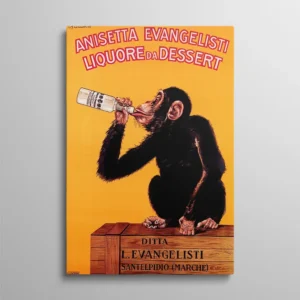 Tableau singe vintage, affiche publicitaire italienne 1925 signée Biscaretti, chimpanzé buvant à la bouteille sur caisse en bois, fond jaune orangé vif, texte rouge Anisetta Evangelisti Liquore da Dessert