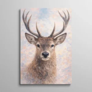Tableau tête de cerf, portrait frontal de cerf peint de façon très réaliste sur fond travaillé en petites touches bleu, rose et pêche, regard doux et direct