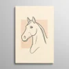 Tableau tête de cheval – portrait de cheval de profil dessiné au trait noir sur fond crème, rectangle rose poudré en arrière-plan, style line art minimaliste